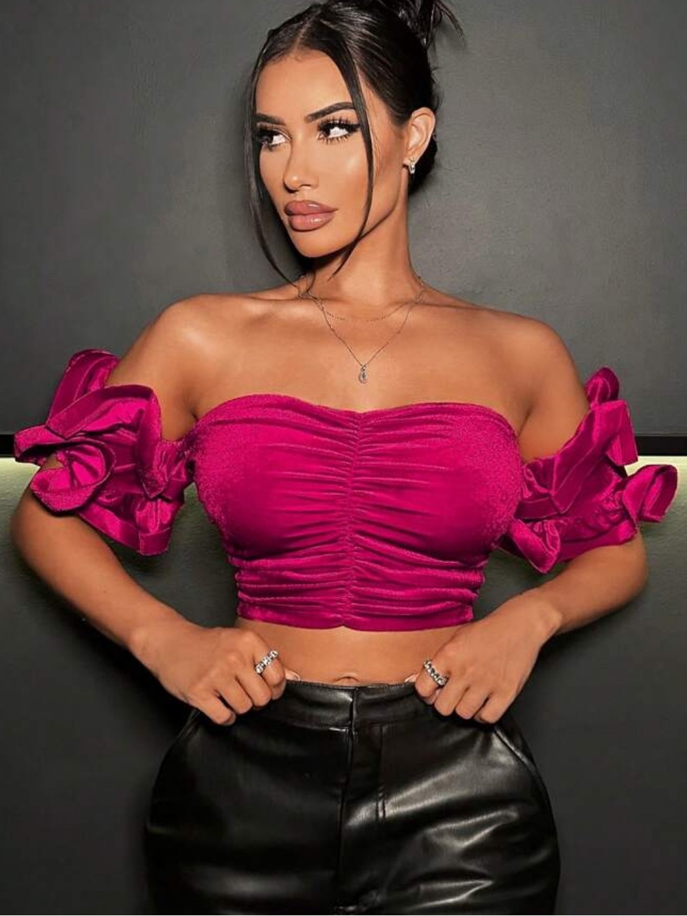 Fuchsia Off-Shoulder Ruched Crop Top with Puff Sleeves